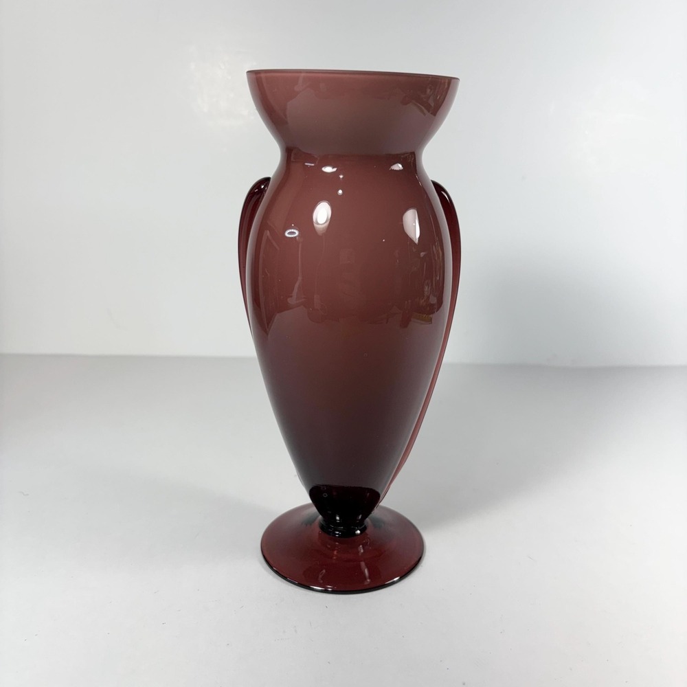 Vintag MCM Cased Hand Blown Art Glass Cranberry Purple  Vase   ~8" Footed